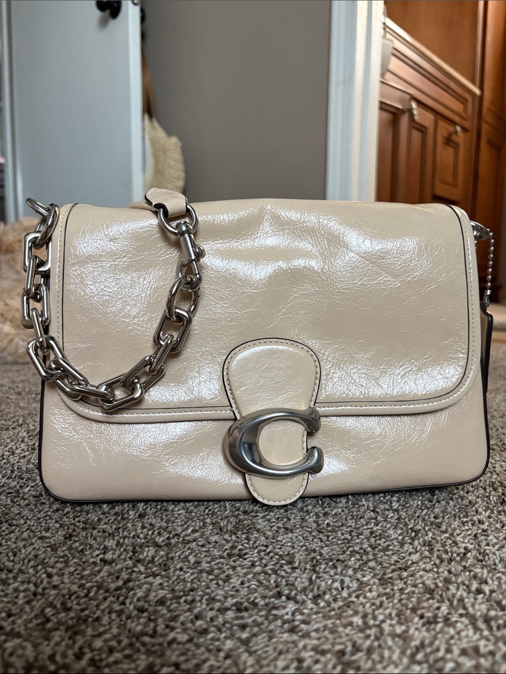 Coach Soft Tabby Cream Leather Shoulder Bag with Silver Chain